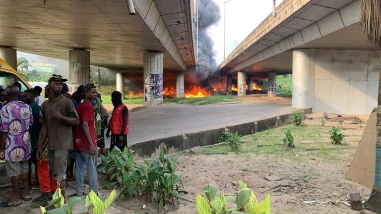 2 Burnt As Diesel Tanker Plunges From Lagos’ Otedola Bridge, Bursts Into Flames