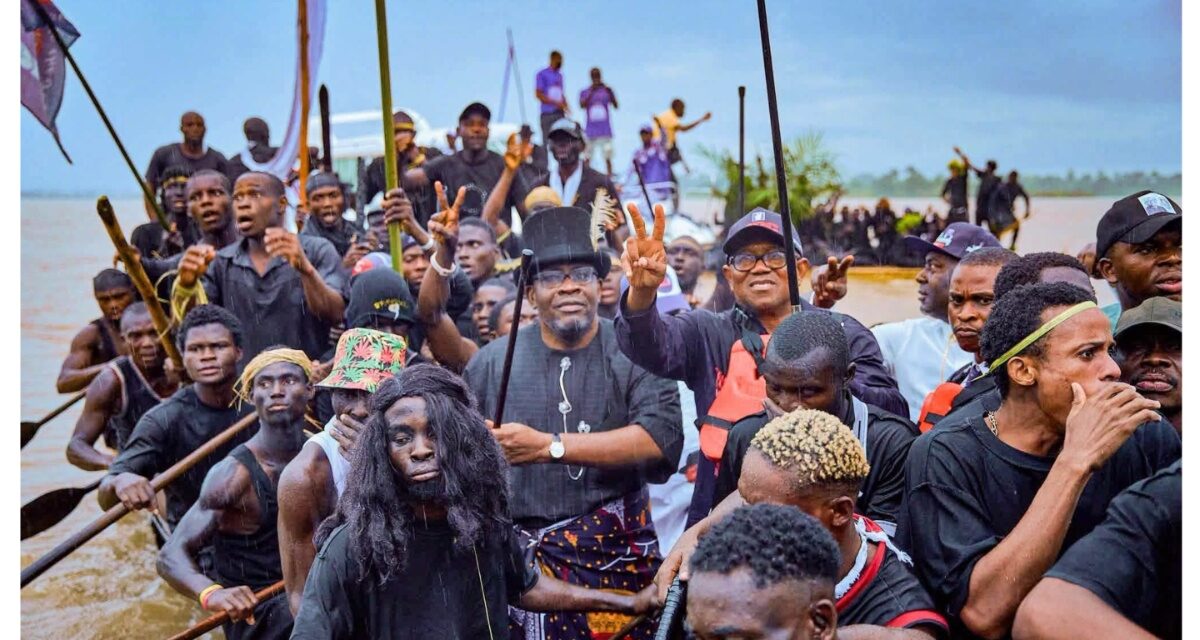 2027: Moment Peter Obi, Dickson storm Bayelsa creeks in boat regatta for campaign [VIDEO]