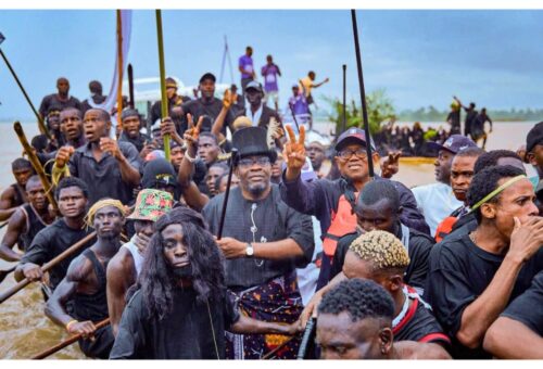 2027: Moment Peter Obi, Dickson storm Bayelsa creeks in boat regatta for campaign [VIDEO]